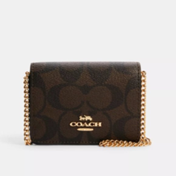 Coach Handbags - Coach NWOT Mini Wallet On A Chain In Signature Canvas - Black/Brown - Gold Chain